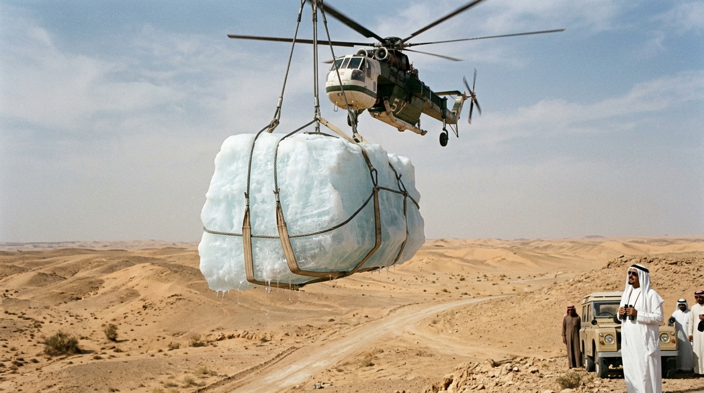 Em 1977, um príncipe saudita ordenou que um bloco de gelo fosse transportado por helicóptero, avião e caminhão refrigerado para testar se seria possível transportar icebergs para o deserto