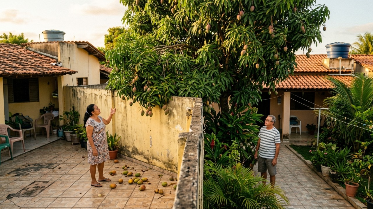 Mangas da árvore do vizinho caem dentro do quintal, dono entra para recolher as frutas e descobre que a lei muda quem é o proprietário depois da queda