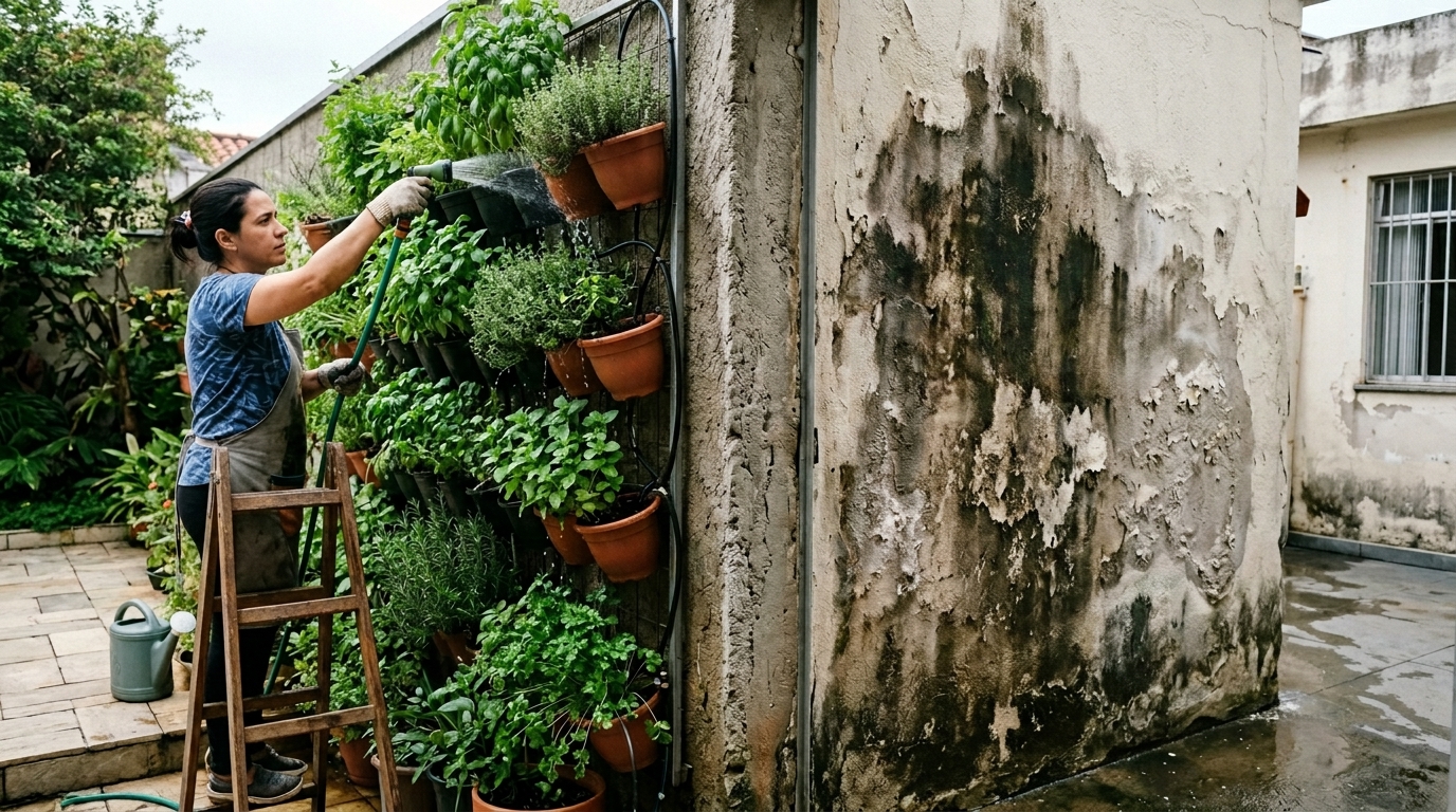 Vizinha instala horta vertical no muro divisório sem consultar o lado de lá a irrigação causa infiltração e o custo do reparo de R$ 8 mil vira disputa judicial sobre quem paga