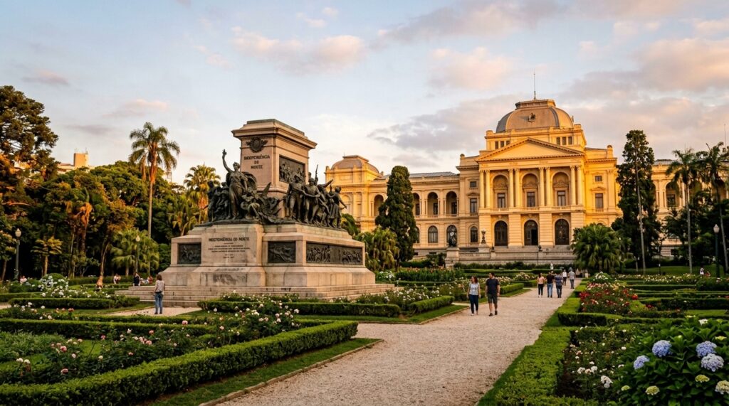 Construída no século XIX para homenagear a independência brasileira, a Estátua do Ipiranga utiliza uma composição monumental de esculturas e elementos arquitetônicos para representar acontecimentos históricos do país