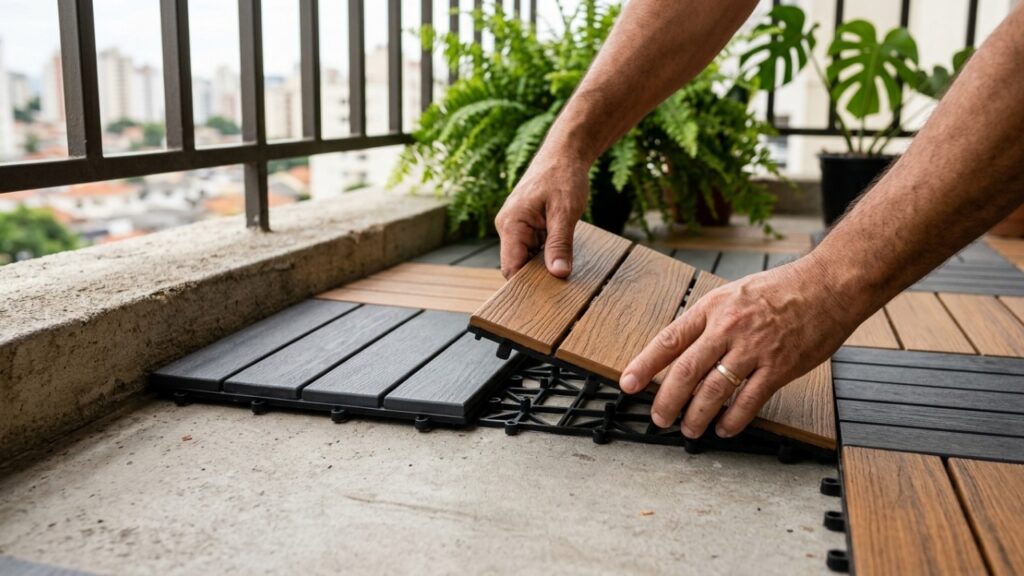 Adeus concreto na varanda e no quintal: estas placas modulares com efeito de madeira são instaladas por encaixe e mudam a área externa sem quebradeira