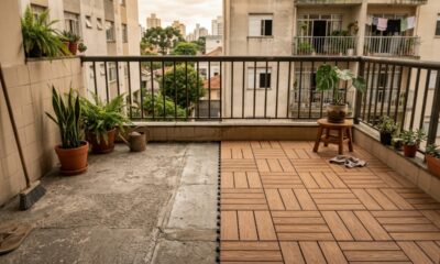 Adeus concreto na varanda e no quintal: estas placas modulares com efeito de madeira são instaladas por encaixe e mudam a área externa sem quebradeira