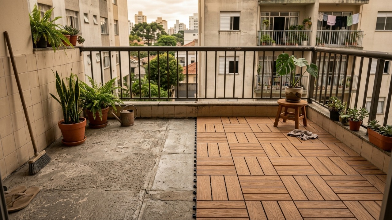 Adeus concreto na varanda e no quintal: estas placas modulares com efeito de madeira são instaladas por encaixe e mudam a área externa sem quebradeira