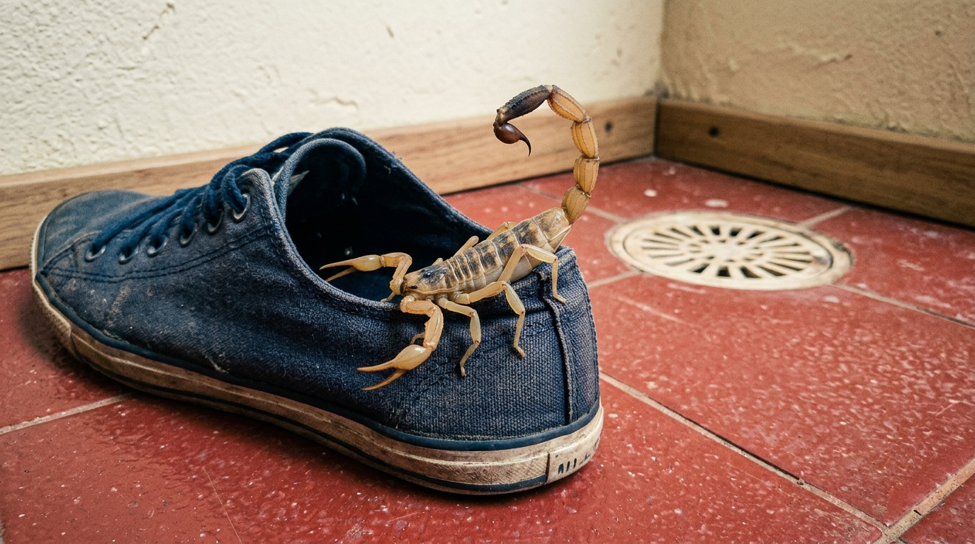 Escorpiões invadem sapatos, ralos e frestas de parede em busca de água e abrigo; entulho no quintal e tubulações sem sifão facilitam a entrada nas casas