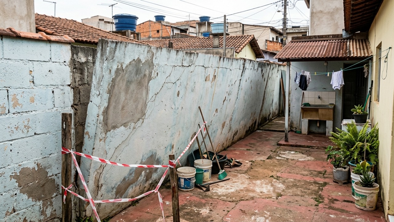 Parede da casa vizinha começa a inclinar sobre o quintal, proprietário diz que só fará reforma quando cair e moradores buscam agir antes do acidente