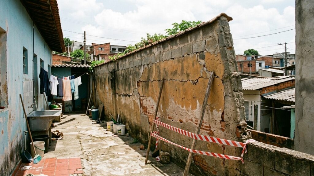 Parede da casa vizinha começa a inclinar sobre o quintal, proprietário diz que só fará reforma quando cair e moradores buscam agir antes do acidente