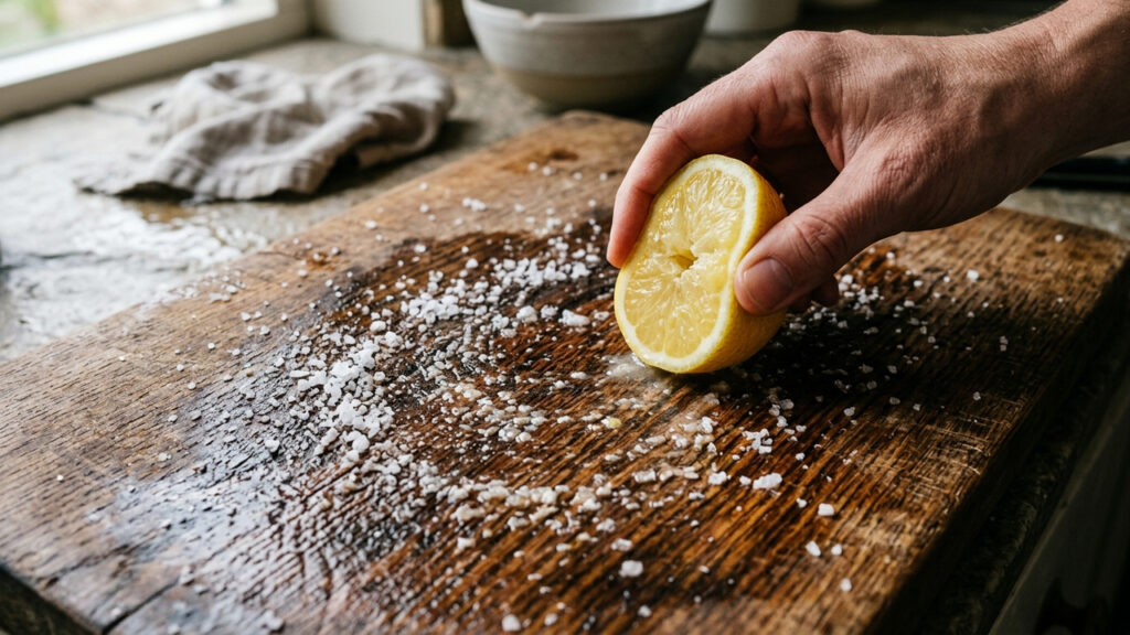 Esfregar limão com sal grosso na tábua de madeira: a receita caseira para desencardir, remover manchas escuras e dar brilho à peça em minutos