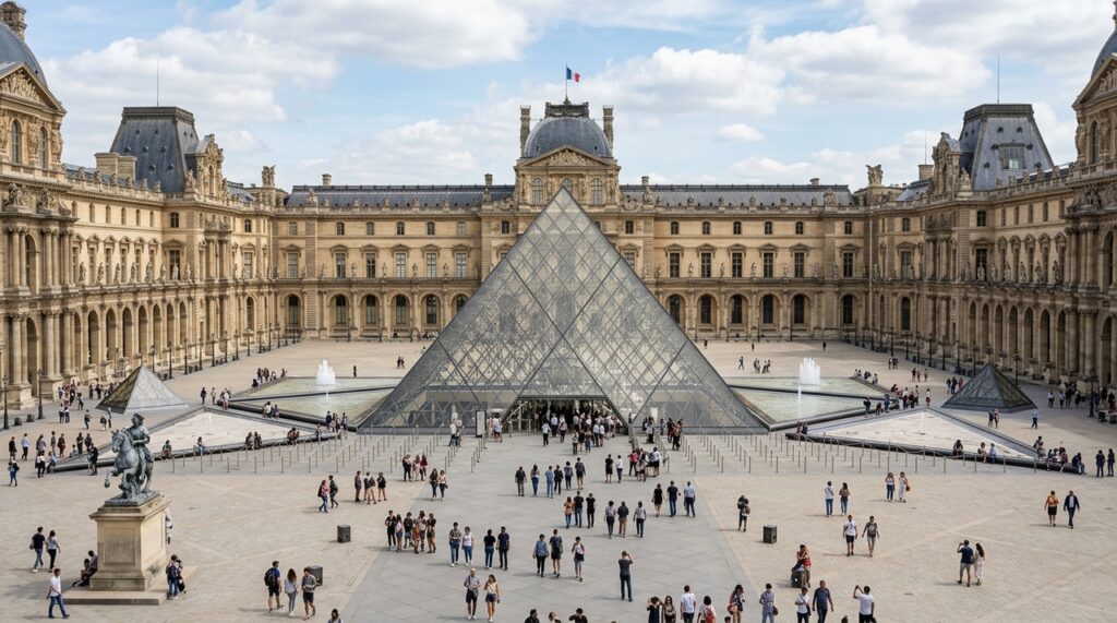 Construído no século XX para abrigar importantes exposições históricas, o Museu do Louvre utiliza elementos arquitetônicos e estruturas monumentais para representar a história da França