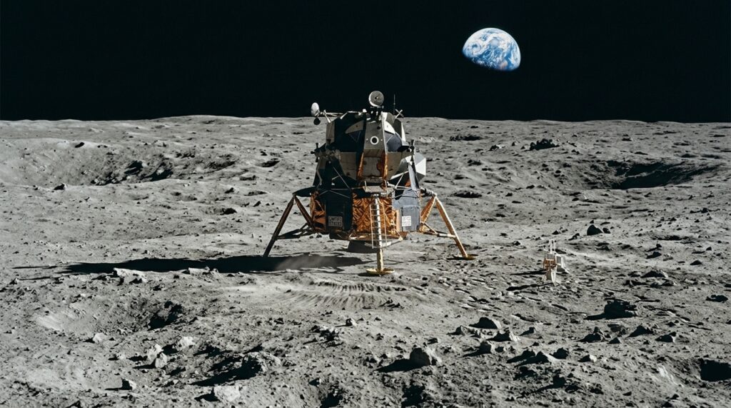 Em 1969, a NASA enviou três astronautas à Lua para testar a sobrevivência humana em outro mundo; A missão Apollo 11 realizou a primeira caminhada humana na superfície lunar