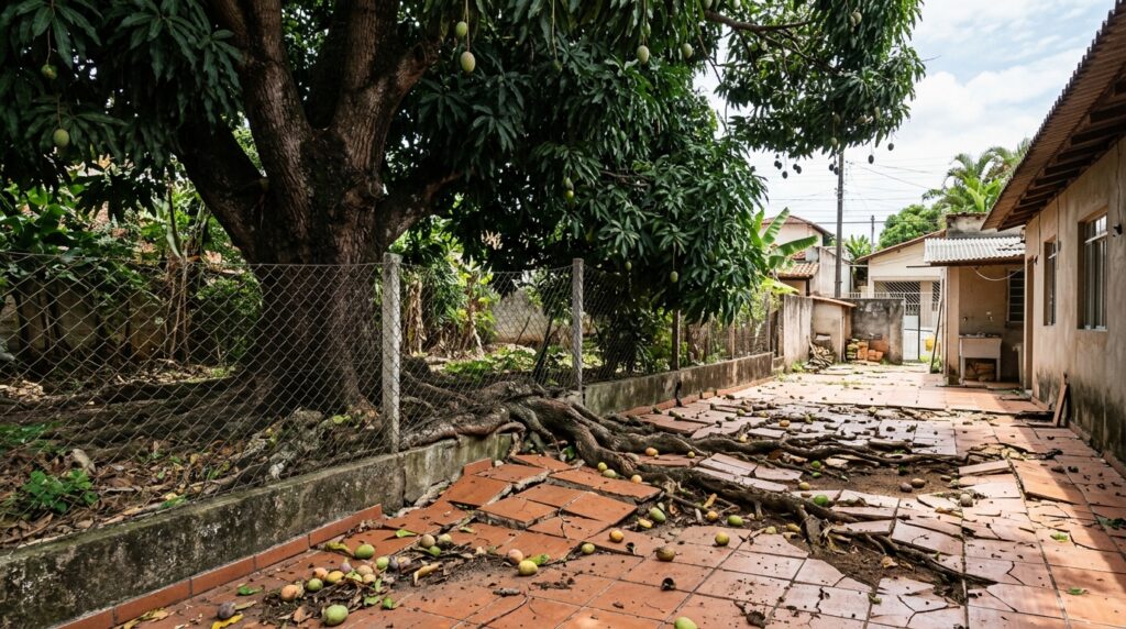 Vizinho planta mangueira no próprio quintal, 9 anos depois os galhos cobrem metade do terreno ao lado e as raízes levantam R$ 15 mil em piso, e o morador prejudicado descobre que a lei o autoriza a cortar tudo até o limite da divisa por conta própria