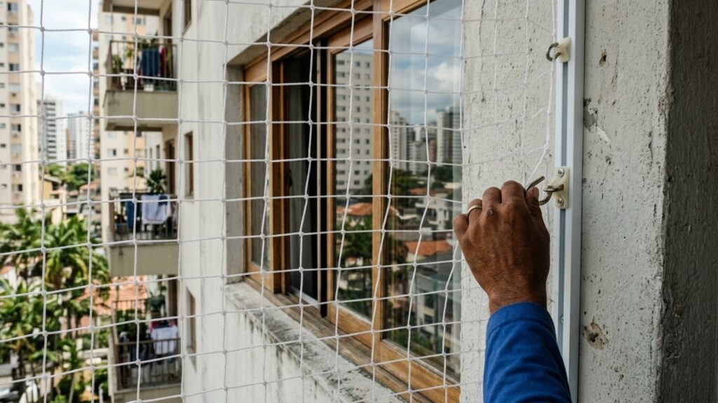 Morador coloca telas de proteção nas janelas por causa dos filhos pequenos e descobre qual espaçamento entre os fios atende à norma e não bloqueia a saída em emergência