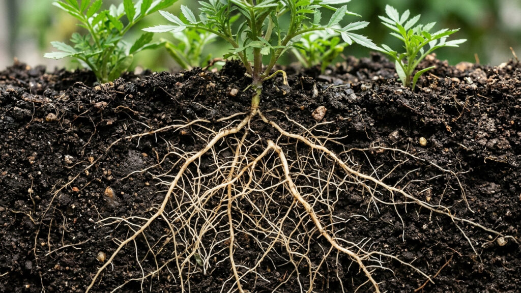 O pesticida que nasce da terra: cientistas provam que as raízes do cravo-de-defunto liberam uma toxina natural que paralisa vermes destrutivos