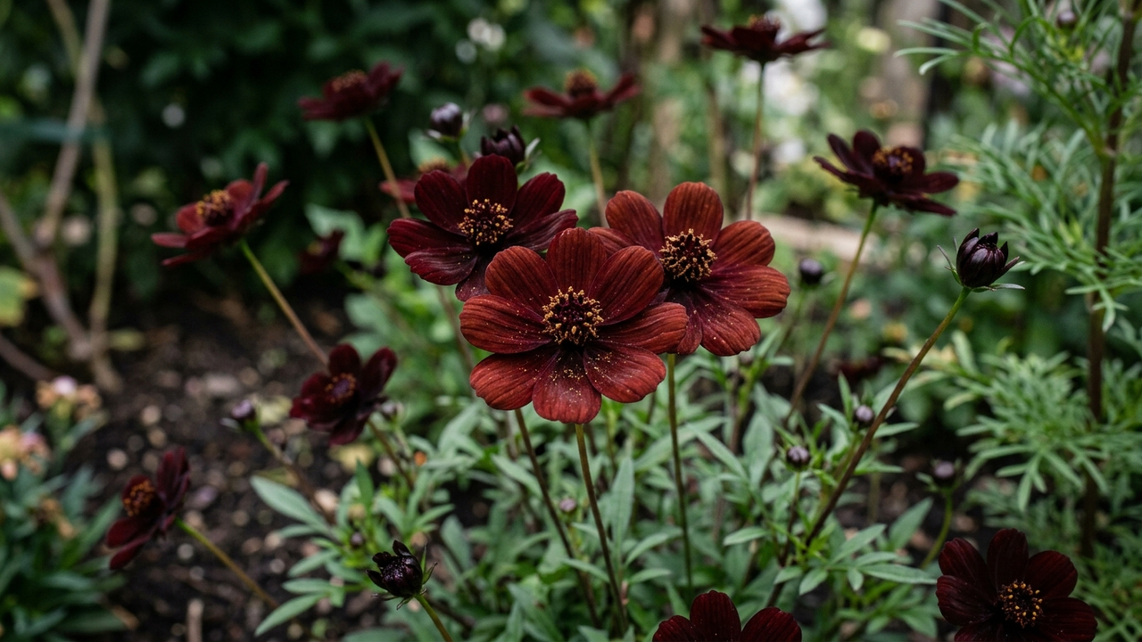 Essa flor ornamental exótica exala um aroma intenso de chocolate amargo e floresce o verão inteiro em canteiros ensolarados do quintal