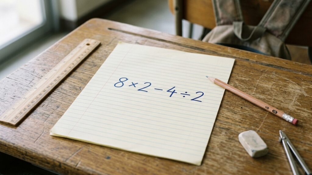 Só quem observa com calma consegue perceber onde a conta se perdeu: 8 × 2 − 4 ÷ 2 = 6