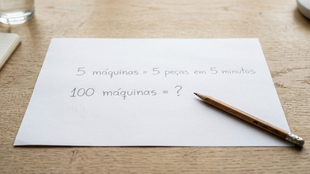 Se 5 máquinas fazem 5 peças em 5 minutos, quanto tempo 100 máquinas levam para fazer 100 peças?
