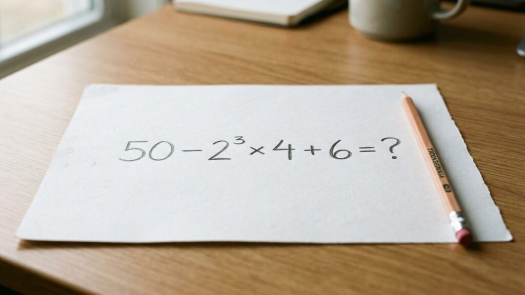 Resolva 50 − 2³ × 4 + 6 de cabeça e veja se você consegue escapar do erro mais comum desse desafio