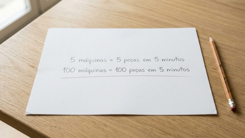 Se 5 máquinas fazem 5 peças em 5 minutos, quanto tempo 100 máquinas levam para fazer 100 peças?