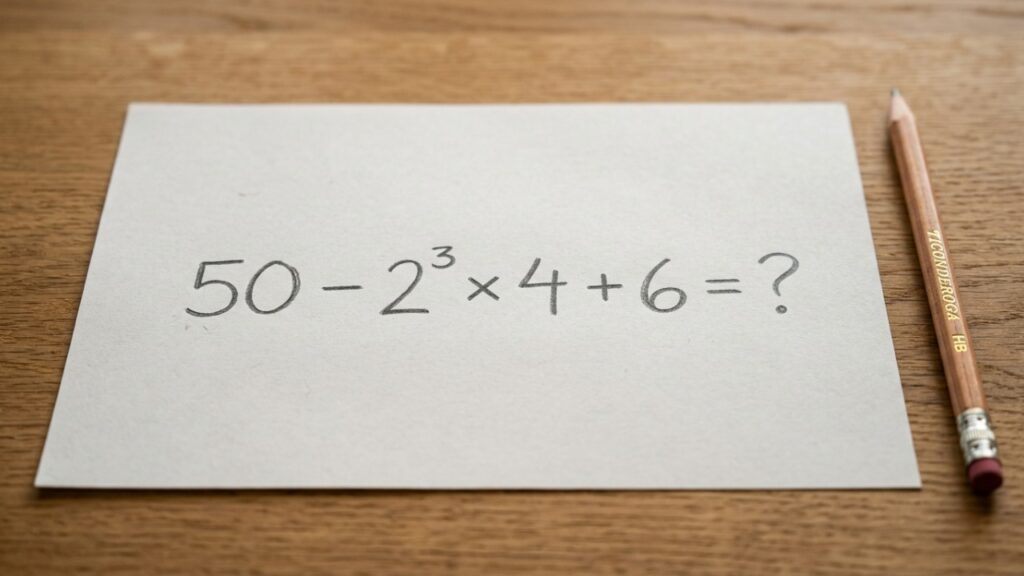 Resolva 50 − 2³ × 4 + 6 de cabeça e veja se você consegue escapar do erro mais comum desse desafio