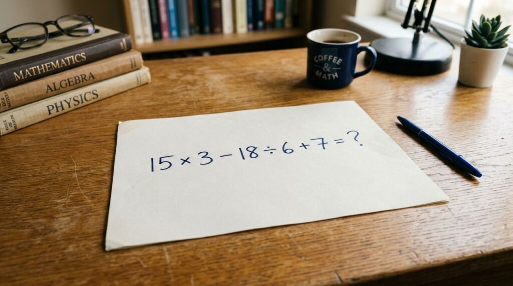 Resolva 15 × 3 − 18 ÷ 6 + 7 e prove que sua memória escolar continua afiada
