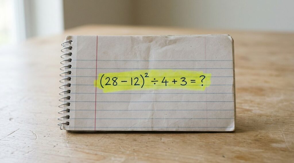 Esta expressão parece fácil, mas exige atenção: (28 − 12)² ÷ 4 + 3