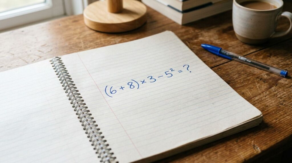 A conta parece simples, mas muita gente erra: (6 + 8) × 3 − 5²
