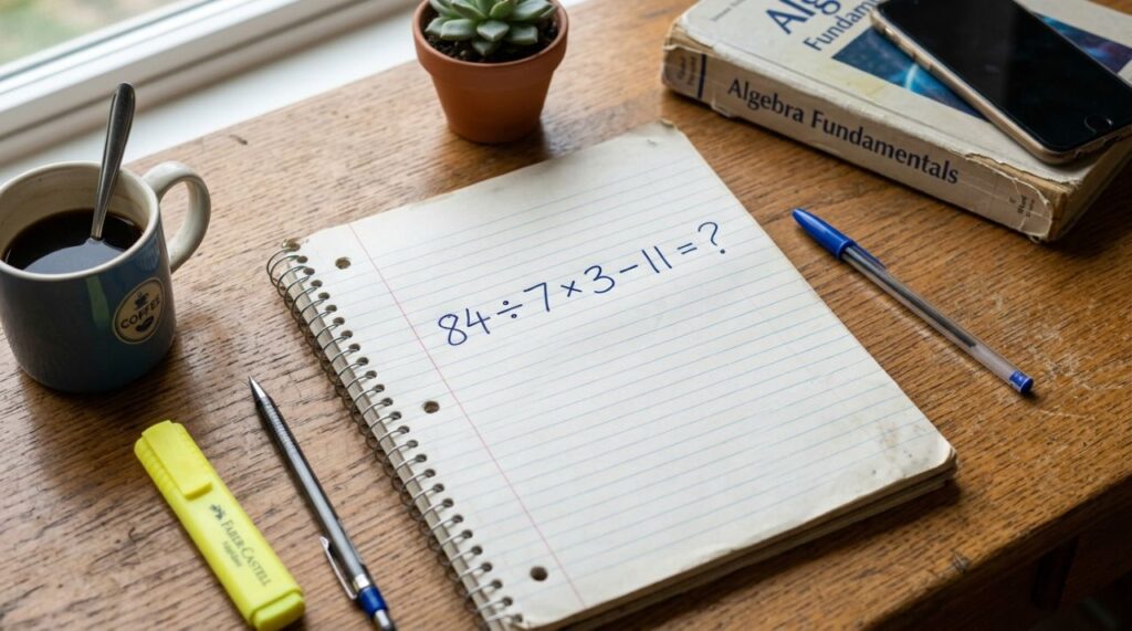 Qual número você encontrou? Resolva sem calculadora: 84 ÷ 7 × 3 − 11