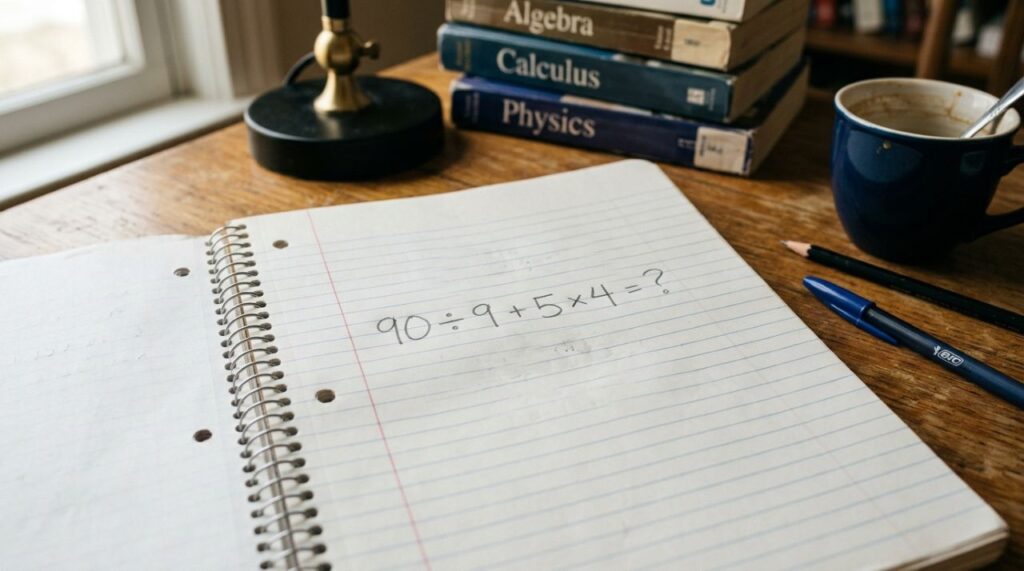 Esta conta está dando respostas diferentes, mas só uma está correta 90 ÷ 9 + 5 × 4
