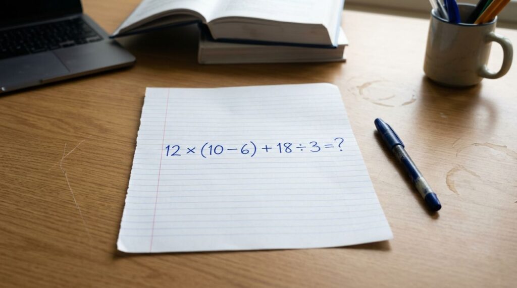 Você ainda lembra como calcular 12 × (10 − 6) + 18 ÷ 3?
