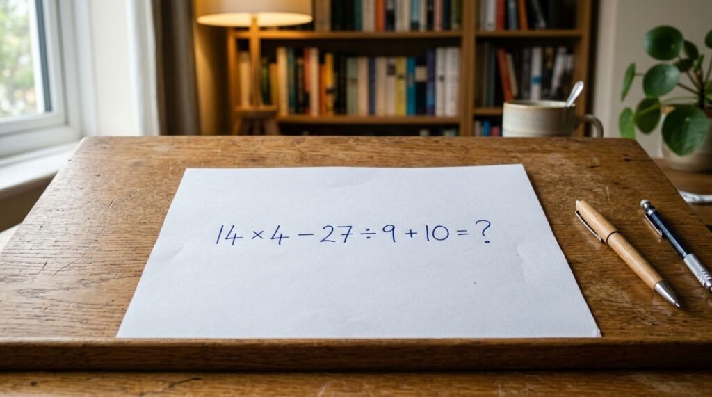 Resolva 14 × 4 − 27 ÷ 9 + 10 e prove que sua memória escolar continua afiada