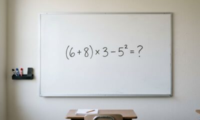 A conta parece simples, mas muita gente erra: (6 + 8) × 3 − 5²