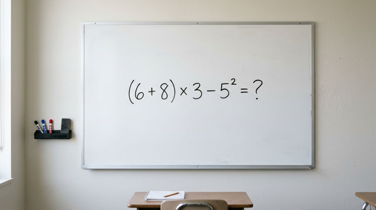 A conta parece simples, mas muita gente erra: (6 + 8) × 3 − 5²