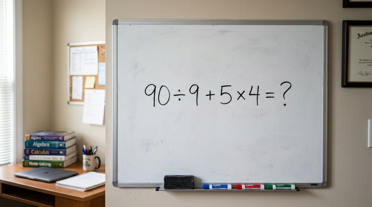 Esta conta está dando respostas diferentes, mas só uma está correta 90 ÷ 9 + 5 × 4