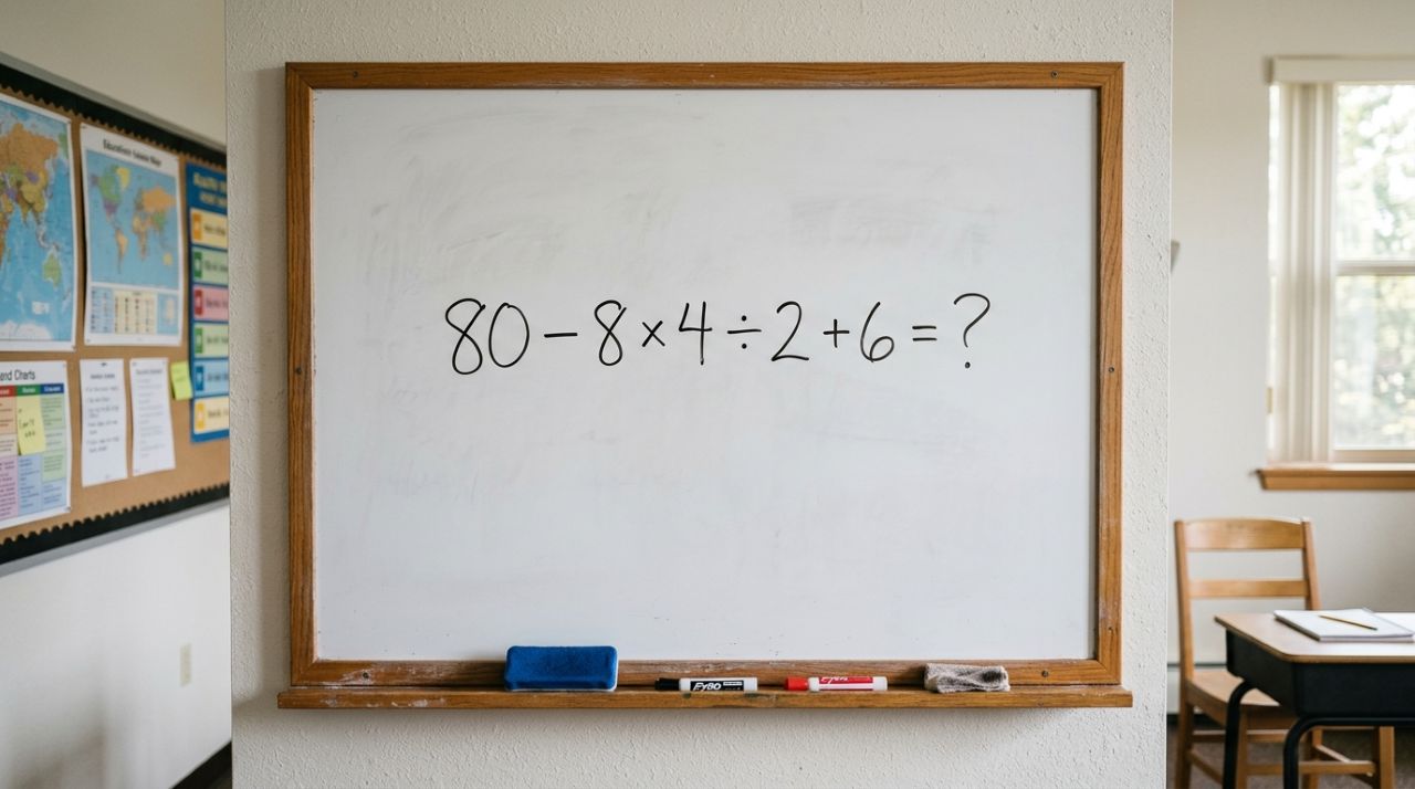 Você lembra da ordem das operações? Resolva 80 − 8 × 4 ÷ 2 + 6