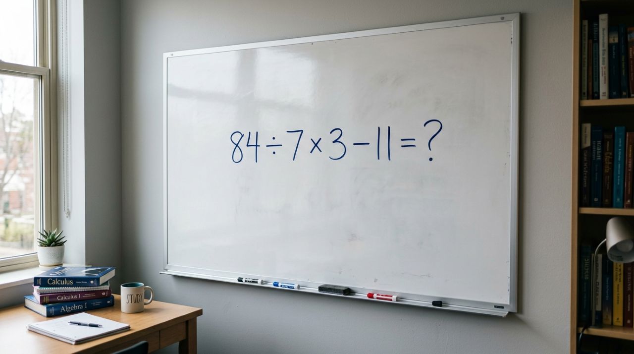 Qual número você encontrou? Resolva sem calculadora: 84 ÷ 7 × 3 − 11