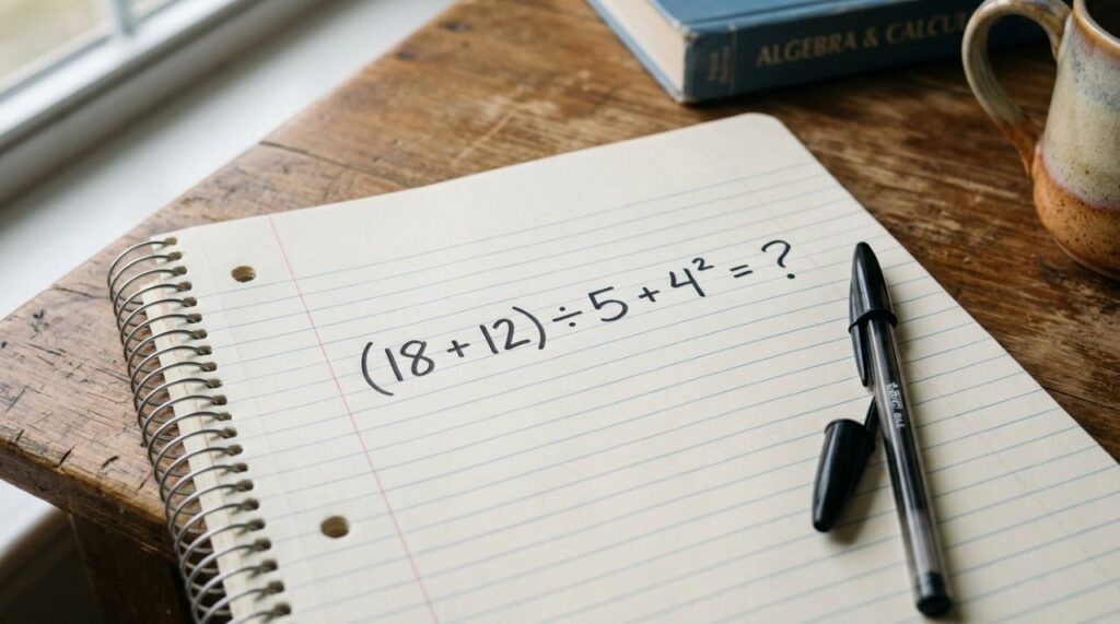 Essa conta parece fácil, mas muita gente erra na primeira tentativa: (18 + 12) ÷ 5 + 4²