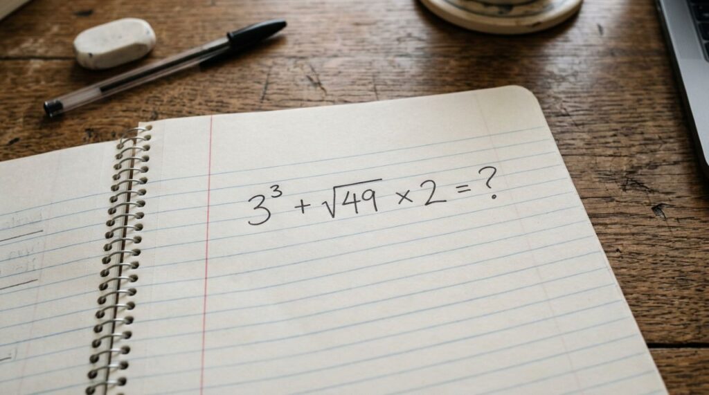 Essa conta de escola voltou a desafiar adultos e está gerando respostas diferentes: 3³ + √49 × 2