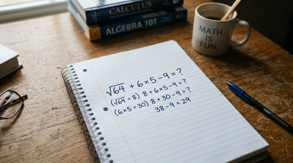 Só os mais atentos chegam ao resultado correto desta conta: √64 + 6 × 5 − 9