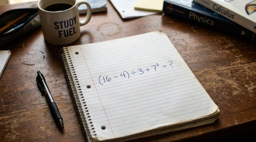 Parece conta de escola, mas muita gente trava na resposta: (16 − 4) ÷ 3 + 7²