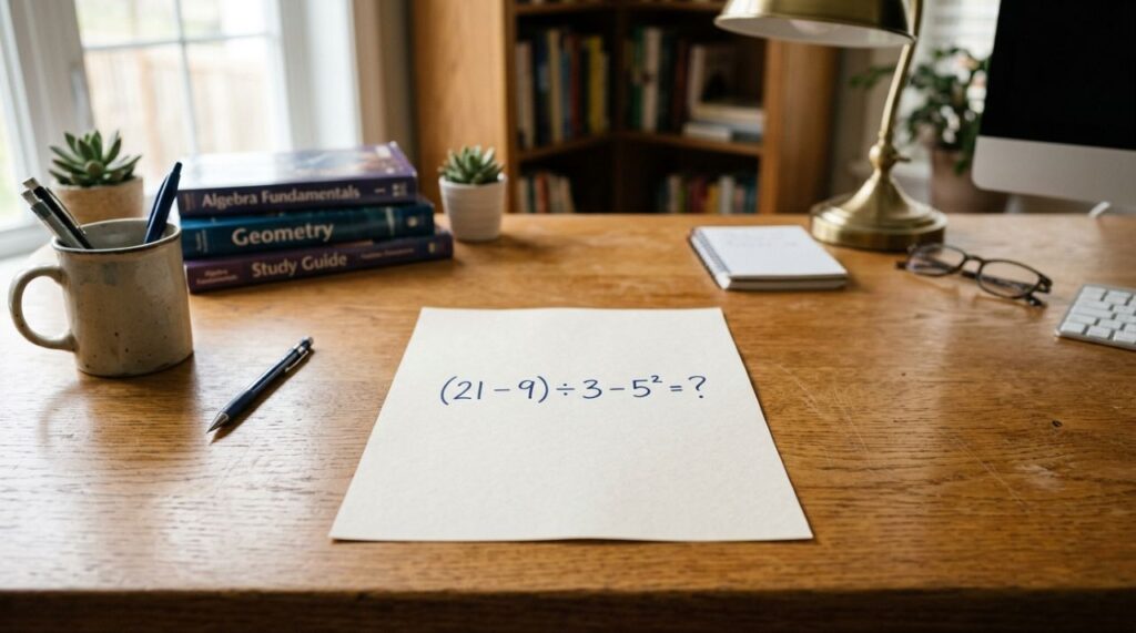 A conta parece simples, mas muita gente erra: (21 − 9) ÷ 3 − 5²