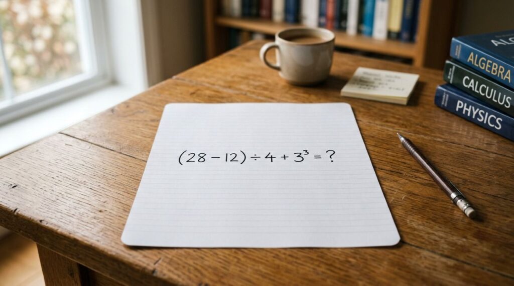Você consegue resolver (28 − 12) ÷ 4 + 3³ sem consultar a calculadora?