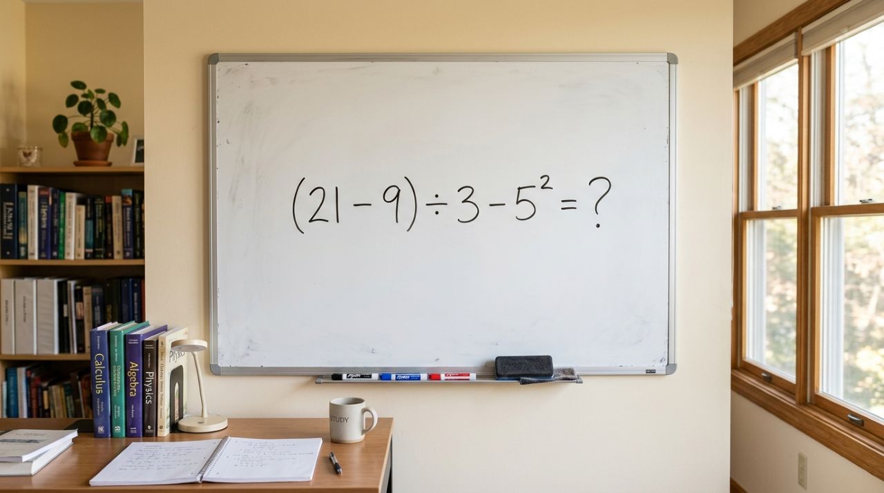 A conta parece simples, mas muita gente erra: (21 − 9) ÷ 3 − 5²