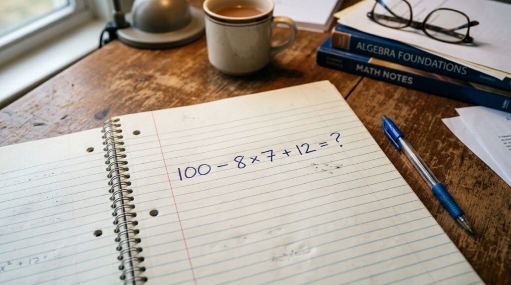 Desafie sua memória de matemática e responda quanto dá 100 − 8 × 7 + 12?