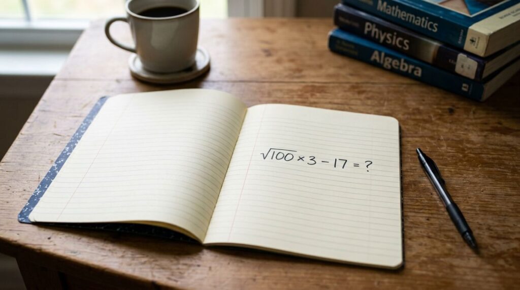 Qual número você encontrou? Resolva sem calculadora: √100 × 3 − 17