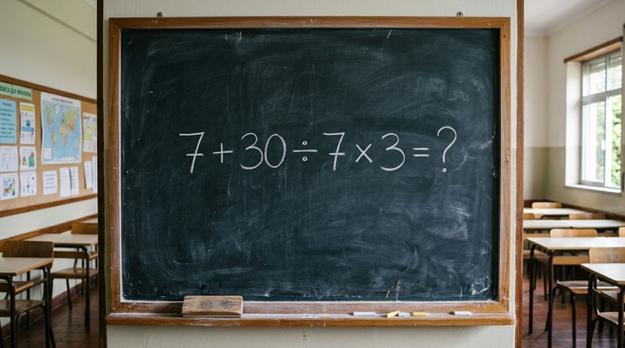 O cálculo 7 + 30 ÷ 7 × 3 parece óbvio, mas poucos chegam à resposta certa