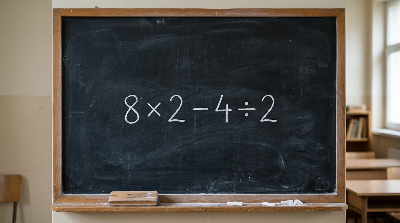 Só quem observa com calma consegue perceber onde a conta se perdeu: 8 × 2 − 4 ÷ 2 = 6