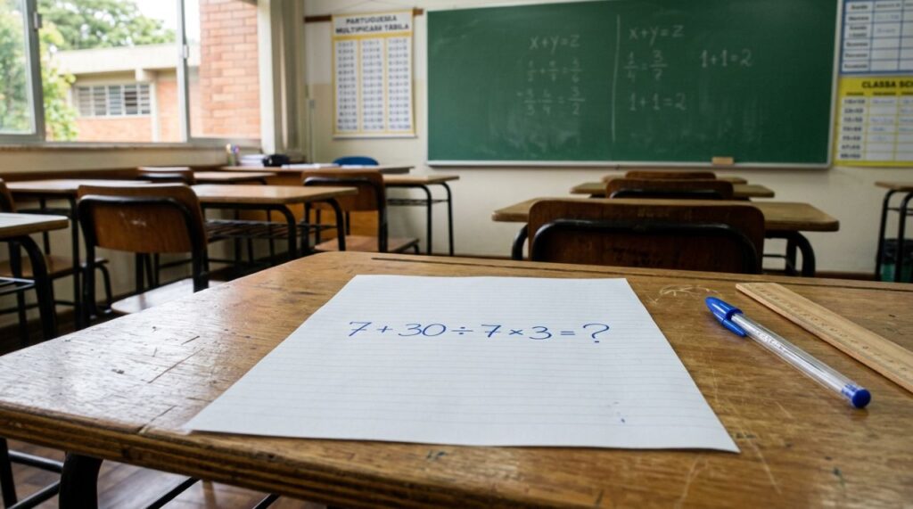 O cálculo 7 + 30 ÷ 7 × 3 parece óbvio, mas poucos chegam à resposta certa