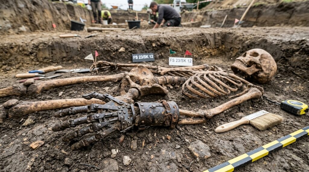 Arqueólogos da Baviera desenterraram um esqueleto medieval que tinha uma mão de ferro articulada no lugar do braço esquerdo