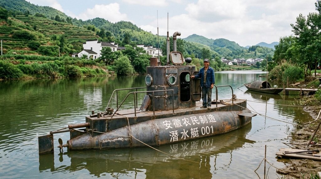 Um fazendeiro chinês de 60 anos tem sucesso ao criar um submarino caseiro que mergulha 8 metros no rio com menos de US$ 800