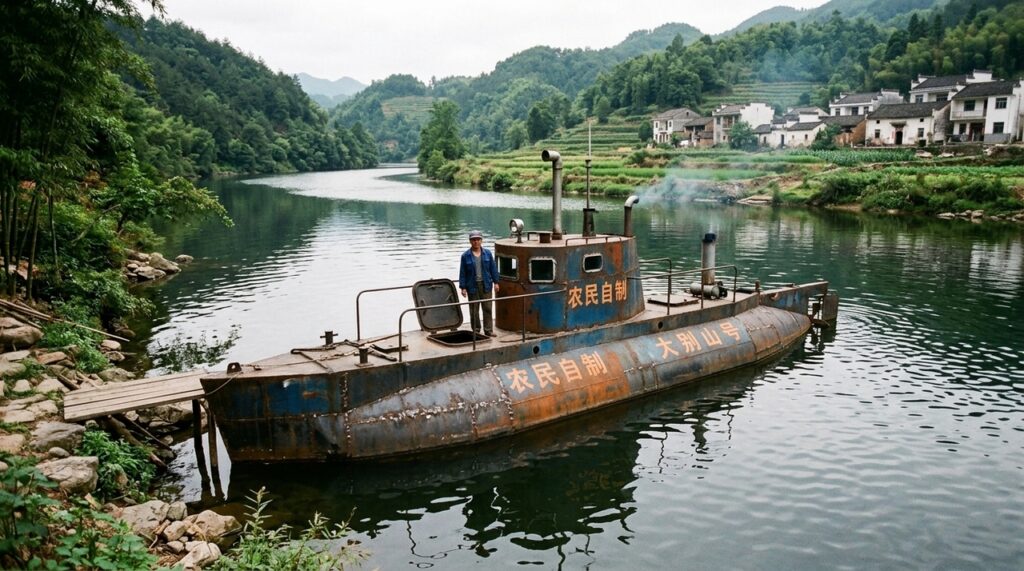 Um fazendeiro chinês de 60 anos tem sucesso ao criar um submarino caseiro que mergulha 8 metros no rio com menos de US$ 800