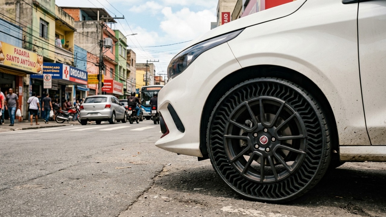 Michelin cria pneu sem ar que praticamente não fura, dispensa calibragem e promete mudar a mobilidade, mas ainda não pode ser instalado nos carros comuns